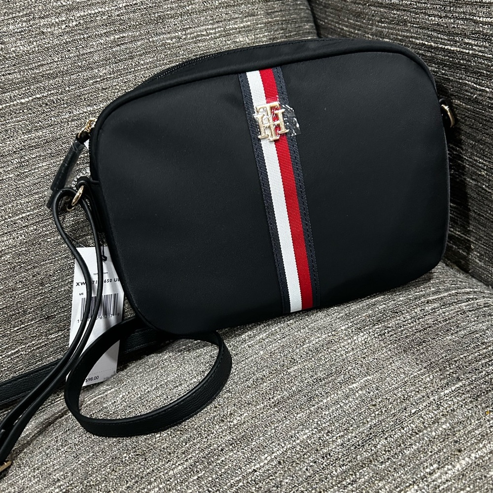Tommy Hilfiger Black Crossbody Bag with Red and White Stripe